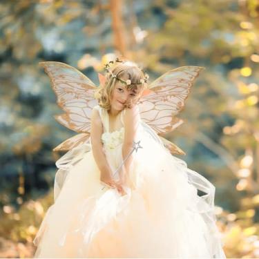 Imagem de Conjunto de 4 peças de asas de fada cosplay para adultos, crianças, meninas, tecido de gaze, conjunto de fantasia de fada estampado, com revestimento refletivo, alça ajustável, decoração de asa para o