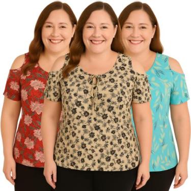 Imagem de Kit 3 Blusa Feminina Ombro Vazado Senhoras Plus Estampada - Restart On
