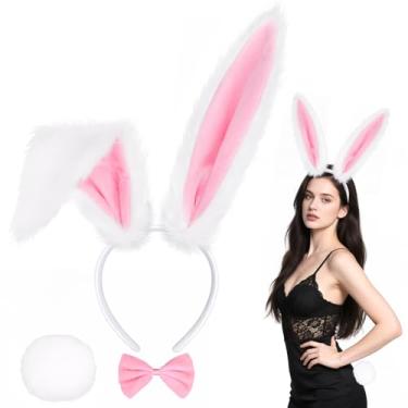 Imagem de Riqiaqia Tiara e cauda com orelhas de coelho, fantasia de coelho, orelha de coelho peludo, acessórios de cosplay para festa de Halloween, acessórios para mulheres adultas