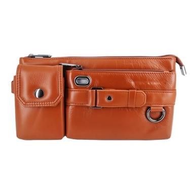 Imagem de Bolsa masculina de couro com orifício para fone de ouvido, 25,4 x 14 x 4,8 cm, bolsa de peito com vários bolsos com cinto ajustável, Café, 10 Inches X 1.9 Inches X 5.5 Inches, Pochete de couro