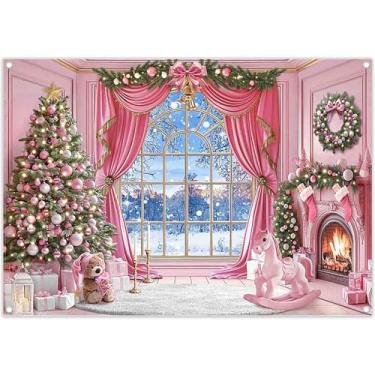Imagem de ZTHMOE Tecido 2,1 x 1,5 m, cortina rosa de Natal, cenário fotográfico, janela de inverno, floco de neve, floresta, fundo de árvore de Natal, meninas, crianças, decoração de festa de bebê, faixa