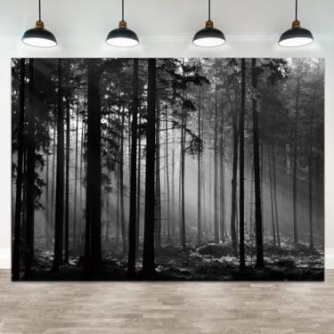 Imagem de ASDCXZ 3 x 2,4 m, fundo de floresta preto e branco, feixes de luz solar, árvores enevoadas, troncos verticais, cenário fotográfico, paisagem natural, decoração de casamento, faixa de aniversário
