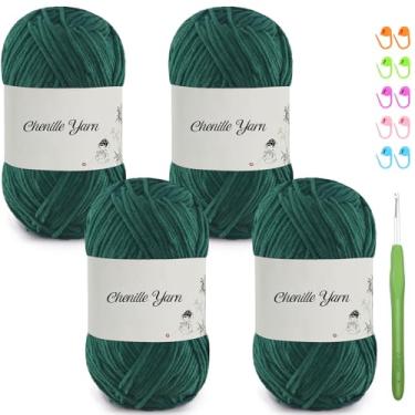 Imagem de SIMEIQI Pacote com 4 fios de chenille de 50 ml para crochê, 158 metros de fio de veludo macio e fofo, crochê ideal para cobertores de bebê, brinquedos, cachecóis, travesseiros, almofadas (verde escuro