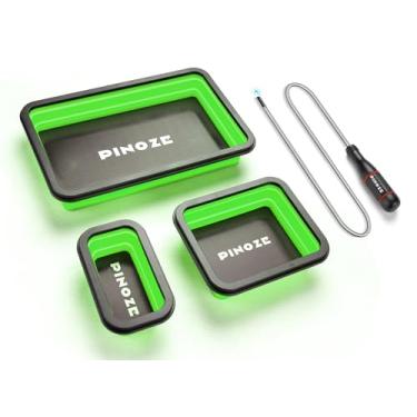 Imagem de PINOZE Bandejas organizadoras de peças magnéticas dobráveis e ferramenta de coleta magnética flexível de 30 cm, 3 bandejas de ferramentas magnéticas de tamanhos diferentes e vassoura para parafusos