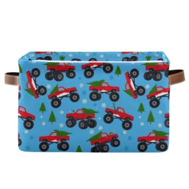 Imagem de Pfrewn Cesta de armazenamento de Natal, inverno, carrinhos de monstro com árvore de Natal, azul, retangular, caixas organizadoras, prateleira, cesto de armazenamento de livros de brinquedo para