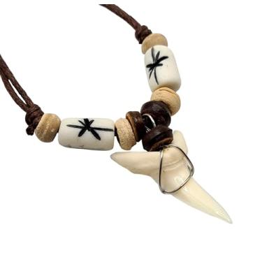 Imagem de Colar de dente de tubarão Mako genuíno Swimmi, feito à mão, ajustável, 40 a 81 cm, dente de tubarão marrom, contas de madeira, cordão encerado, unissex adulto, praia, surfista, litoral, FA242