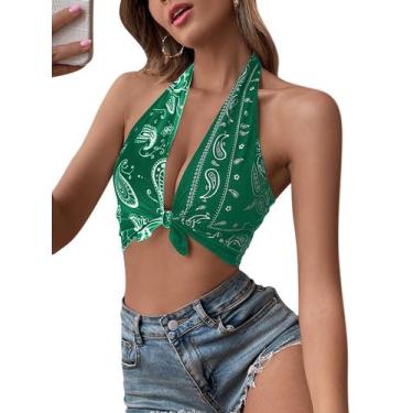 Imagem de Blusa curta única SOLY HUX com estampa paisley para mulheres, verde