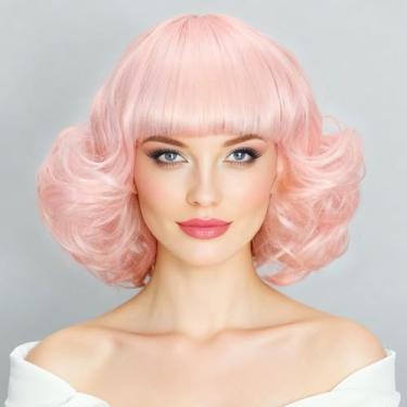Imagem de Peruca bob curta rosa com franja para mulheres perucas de cabelo natural encaracolado sintético para fantasia cosplay uso diário (rosa)