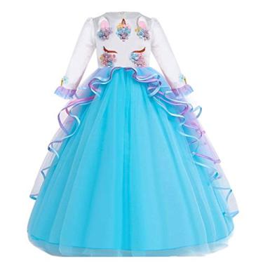 Imagem de FMYFWY Fantasia de unicórnio para meninas, aniversário, festa de Natal, manga comprida, tule, vestido maxi azul 14-15 anos