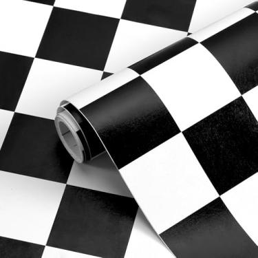 Imagem de Kitico Papel de parede quadriculado preto e branco – Papel de parede de vinil removível à prova d'água – Papel de parede de banheiro amigável para locatários