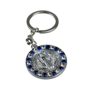 Imagem de Chaveiro Medalhão São Bento Prateado ou Dourado com Pedras Azuis 3.5cm