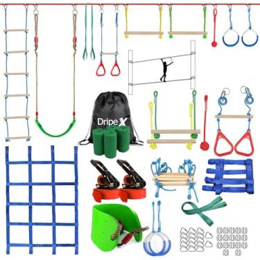 Imagem de Ninja Warrior Obstacle Course for Kids Backyard - 2×65ft Slackline Kit with 10 Most Complete Accessories for Boys & Girls, Swing, Rope Ladder, Gymnastic Ring, Climbing Net, Arm Trainer and Monkey Fist