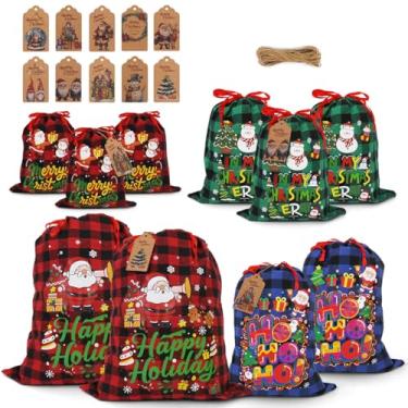 Imagem de ORNACELE 10 peças de sacos pequenos de algodão com cordão de Natal, tamanhos variados, xadrez, búfalo, Natal, Natal, tecido, sacos de presente reutilizáveis, lembrancinhas de festa de fim de ano