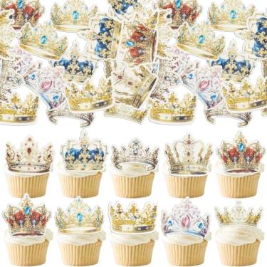 Imagem de Ephlyn 54Pcs Edible Crown Cupcake Toppers Wafer Paper Royal Crown Prince & Princess Crown Cupcake Picks for Crown Theme Party Cake Decoration Supplies Gold