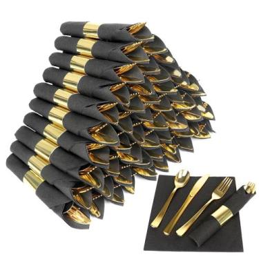 Imagem de Conjunto de talheres Delbay, plástico dourado pré-laminado, 200 peças 