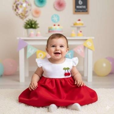 Imagem de Vestido Bebê Cerejinha Infantil Mesversário Festa Temático-Feminino