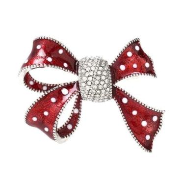 Imagem de Broche de laço de bolinhas de cristal para mulheres strass vermelho branco esmalte laço broches lapela chapéu morcego terno acessórios vestido casamento Natal feriado jóias, Medium, Metal, Sem Pedra