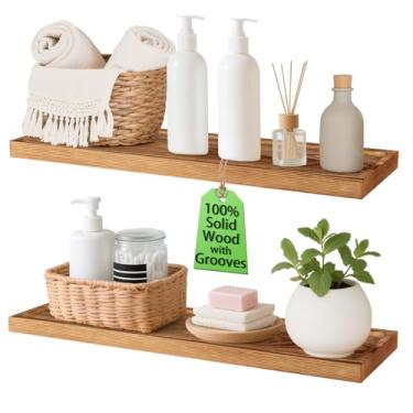 Imagem de Hiitytin Prateleiras flutuantes de madeira maciça para banheiro 61 cm Prateleiras de exibição de madeira rústica com ranhuras conjunto de 2 decoração de casa para sala de estar, quarto, cozinha