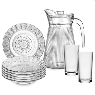 Imagem de Aparelho de Jantar de Vidro Completo – Pratos, Copos 225ml e Jarra (3 Modelos Exclusivos), Design Moderno e Sofisticado para Mesa Posta (Canelada)