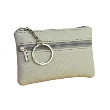 Imagem de Bolsa pequena para troca de moedas, porta-chaves, carteira para mulheres e homens, porta-moedas de couro com chaveiro, porta-cartões, Bege, uso diário