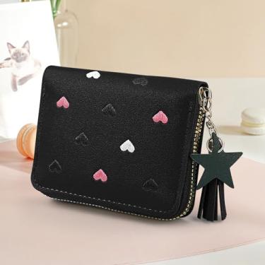 Imagem de Carteira feminina pequena, bolsa de couro PU com compartimentos para cartões e compartimentos, porta-cartão de crédito feminino com zíper com padrão de coração bordado e uma carteira pequena com