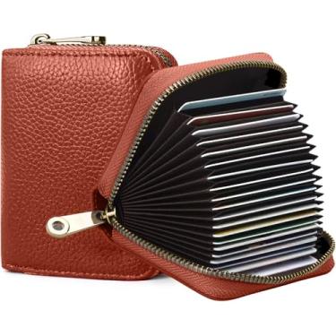 Imagem de Carteira feminina fina minimalista com bloqueio de RFID, 11 compartimentos, porta-cartões de crédito, capa de couro com zíper, Marrom, Carteiras de porta-cartões