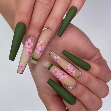 Imagem de Kit de unhas de pressão longo caixão verde cola falsa conjunto de unhas com design de flor requintado strass cobertura completa bastão falso artificial em unha de acrílico para mulheres 24 peças
