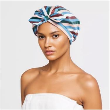 Imagem de Touca de banho reutilizável para mulheres: Touca de banho impermeável ajustável com faixa elástica e laço, protetor de cabelo extra grande para chuveiro de spa, conjunto de presente de chapéu de