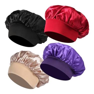 Imagem de 4 peças de gorro de cetim, touca de cabelo de seda para dormir, touca elástica larga para dormir