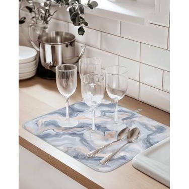 Imagem de Tapete de secagem de louças azul de ardósia cinza, tapete de secagem absorvente de mármore abstrato texturizado para bancadas de cozinha, pias, escorredor de pratos, grande 45 x 61 cm