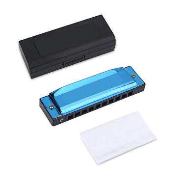 Imagem de RiToEasysports Gaita de Blues Requintada de 10 Furos Em Chave C para Iniciantes - Capa de Aço Inoxidável e Pente de Resina - Com Capa Protetora e Pano de Limpeza (Azul)