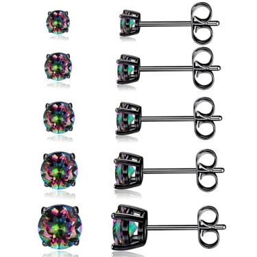 Imagem de MDFUN Conjunto de 5 pares de brincos masculinos banhados a ouro preto de 3 a 7 mm, redondos e quadrados, joias hipoalergênicas femininas, Aço inoxidável, Zircônia cúbica