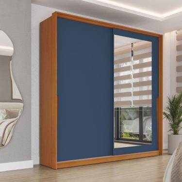 Imagem de Guarda Roupa Roupeiro 2 Portas de Correr 2 Gavetas com Espelho Porto Freijó Azul Politorno Móveis