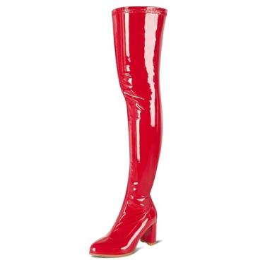 Imagem de girgod Botas de cano alto femininas sexy bico fino acima do joelho, cosplay, dança, festa, couro envernizado, salto grosso, botas de cano alto GOGO, Vermelho, 38