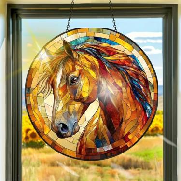 Imagem de Apanhador de sol de acrílico colorido, decoração de janela pendurada com cavalos, arte de parede de arco-íris, para quarto, varanda, interior e exterior, jardim, enfeites de Natal, decoração 19 x 19