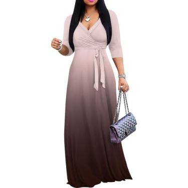 Imagem de Vestido maxi PinkPatty Gradient com decote em V e mangas 3/4 para mulh