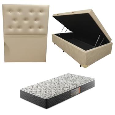 Imagem de Cama Box Baú Blindada com Colchão de Espuma D33 17cm + Cabeceira Botonê (CORINO BEGE, Solteiro)