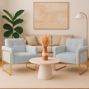 Imagem de Poltrona Sala Industrial Alta Tubo Dourado Kit 2 Elisa Bouclê Cinza D03 - D'rossi