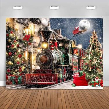 Imagem de Mocsicka Pano de fundo de trem de Natal, cidade de inverno, ferrovia de neve, árvore de Natal, Natal, Ano Novo, decoração de festa de família, adereços de estúdio de cabine de fotos (2,1 x 1,5 m (208