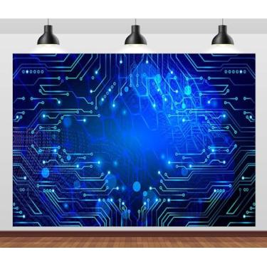 Imagem de BELECO Tecnologia de tecido de 1,8 x 1,2 m Binary Web Glob Backdrop Virtual World Network Technology Placa de circuito de comunicação e fundo hexágonos para decoração de festas