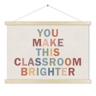 Imagem de TWRVI Cabide de pôster de sala de aula Boho com moldura de madeira, gancho de porta de sala de aula, decoração de arte de parede de afirmação positiva para professores, você torna esta sala de aula