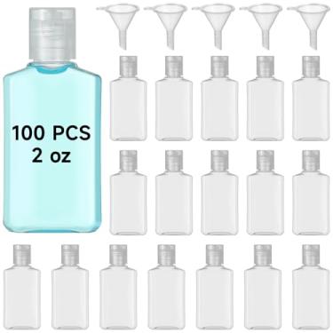 Imagem de Pacote com 100 garrafas de viagem de 59 ml com tampas flip, recipientes de cosméticos Squeeze, garrafas de plástico recarregáveis com funis