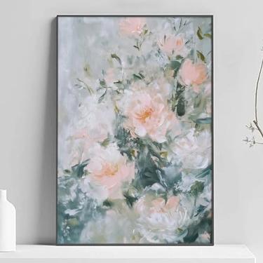 Imagem de Arte de parede floral abstrata rosa flor desabrochando rosa e pintura floral branca arte de flor pastel arte floral rosa sálvia imagem rosa decoração de arte de parede branco e verde sala de estar 40