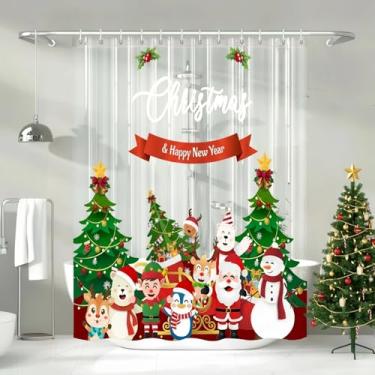 Imagem de Forro de cortina de chuveiro transparente com tema de Natal, cortinas de chuveiro de plástico transparente de Natal ocidental para banheiro, conjunto de cortina de chuveiro infantil magnética com peso