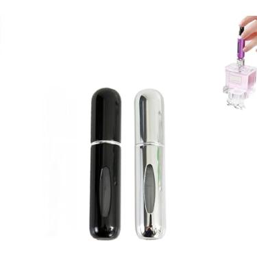 Imagem de Pacote com 2 atomizadores de perfume de 10 ml, refil inferior, frasco portátil de spray de viagem, bomba automática de névoa fina, mini pulverizador de perfume à prova de vazamento, Preto + prata