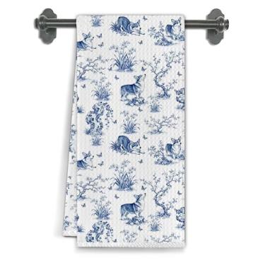 Imagem de Elefeltclave Chinoiserie Corgi Toalhas de cozinha para cães, presentes Corgi para mulheres, panos de prato de chá para decoração de cozinha, toalha de mão decorativa de cachorro floral azul e branco