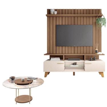 Imagem de Rack Bancada Essenza E Painel Link 1.6 Com Mesa De Centro Sky Com Tampo De Vidro Off White Castanho - Hb Móveis