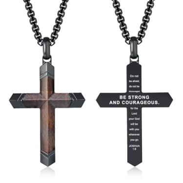 Imagem de FLHEART Colar de cruz de madeira com versículo bíblico para homens, corrente de aço inoxidável com pingente de cruz de ébano preto real feito à mão havaiano, colares cruzados, joias de madeira koa,