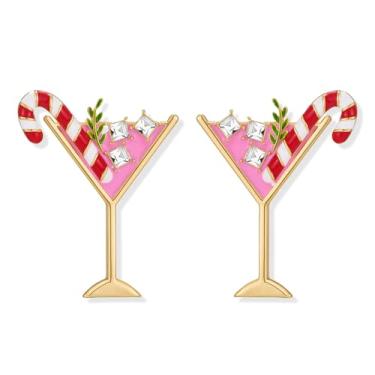 Imagem de MYCUTEY Brincos de Natal rosa para mulheres brincos de vidro martini de ano novo com bengala doce e ornamento de strass, presente fofo de joias de Natal