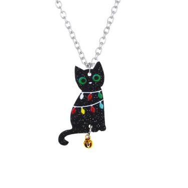 Imagem de Colar com pingente de gato de Natal engraçado acrílico preto gatinho animal Papai Noel, chapéu de Papai Noel, sinos, lâmpada, estrelas, colar leve para mulheres e homens, festa de Natal, festivais de